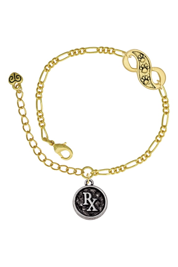 Silvertone Medical Caduceus Seal - Rx Gold-tone Paw Infinity Link Chain Bracelet, 6"+2" Extender