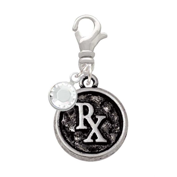 Delight Jewelry Silvertone Medical Caduceus Seal - Rx - Silvertone Clip on Charm with Clear Crystal Drop