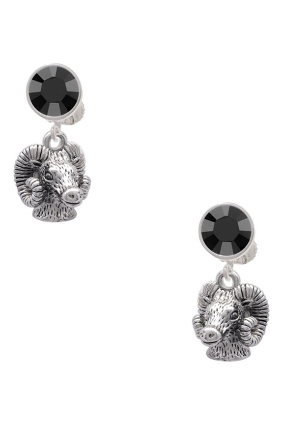 Silvertone Medium 3-D Ram Head Black Crystal Clip on Earrings