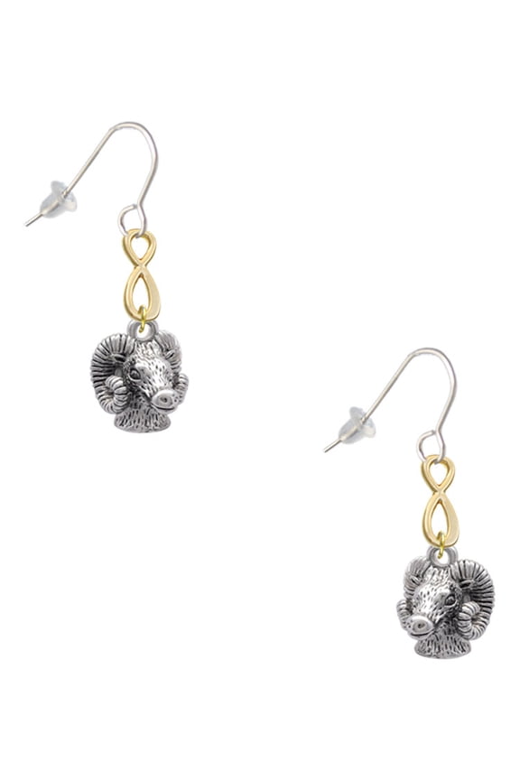 Silvertone Medium 3-D Ram Head Gold Tone Infinity French Earrings