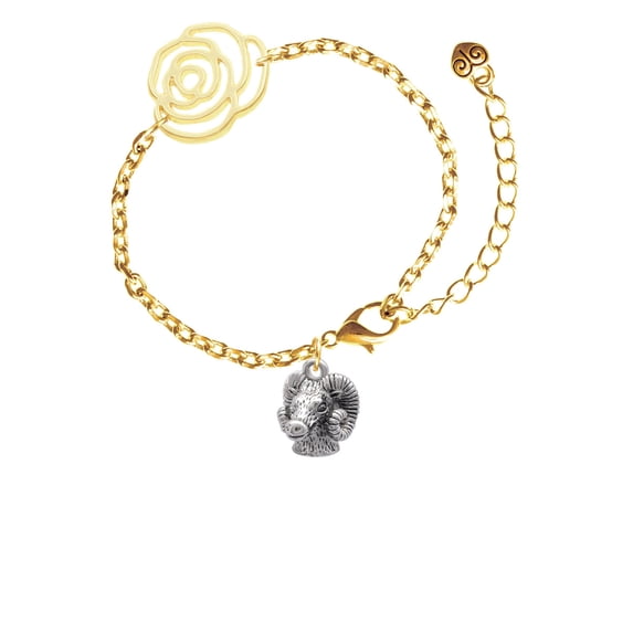 Delight Jewelry Silvertone Medium 3-D Ram Head Gold-tone Flower Link Chain Bracelet, 6.75"+2" Extender