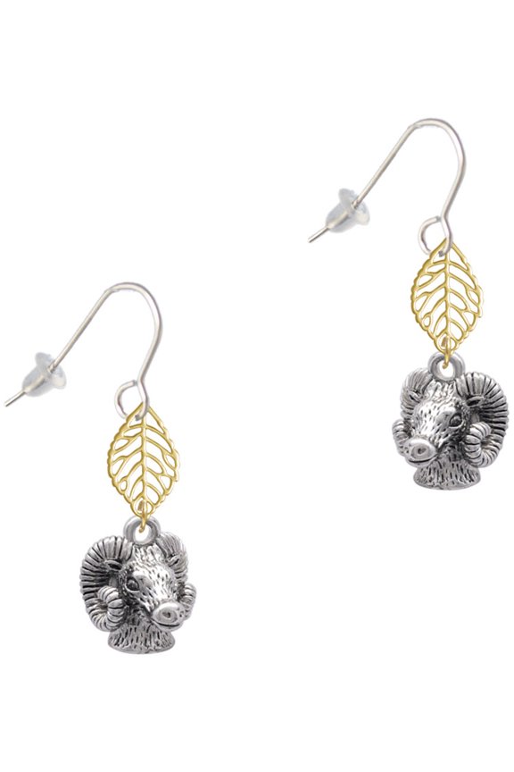 Silvertone Medium 3-D Ram Head Goldtone Leaf French Earrings