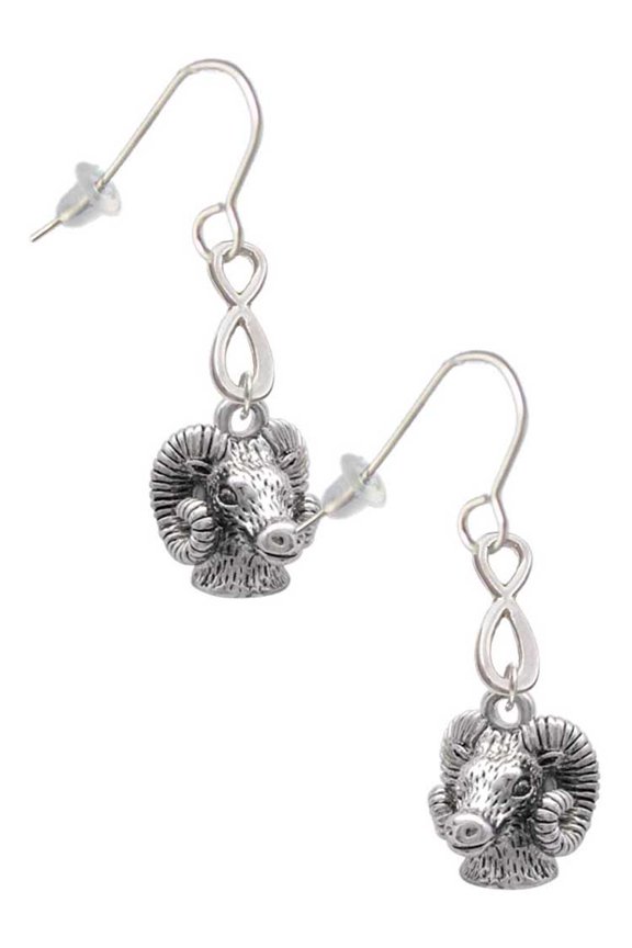 Silvertone Medium 3-D Ram Head Silver tone Infinity French Earrings