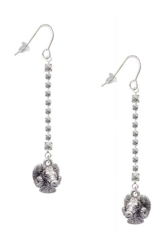 Silvertone Medium 3-D Ram Head - Silver-tone Long Sparkle Dangle French Earrings