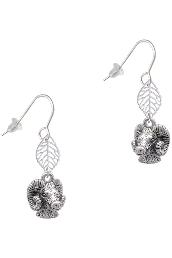 Silvertone Medium 3-D Ram Head Silvertone Leaf French Earrings