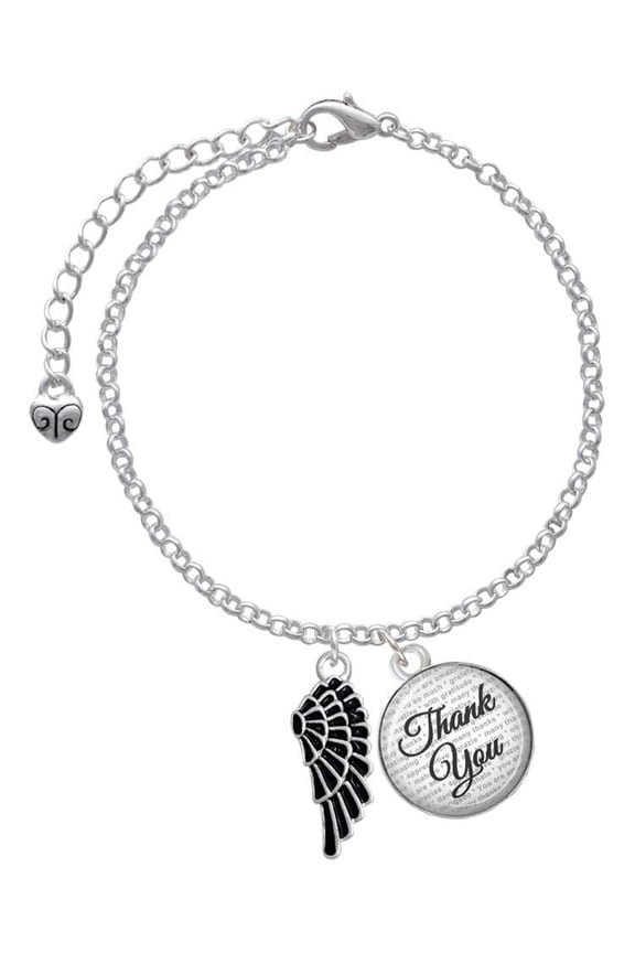 Silvertone Medium Black Enamel Angel Wing - Domed Thank You Charm Bracelet, 6"+2"