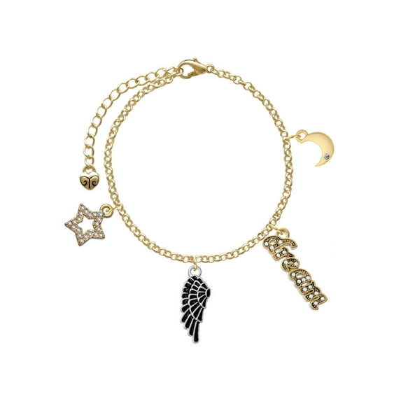 Delight Jewelry Silvertone Medium Black Enamel Angel Wing Goldtone Dream Big Charm Bracelet, 7.5+2" Extender