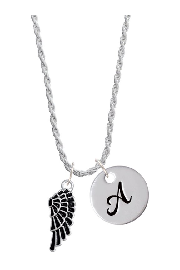 Silvertone Medium Black Enamel Angel Wing Silvertone Script Initial Disc - A - Charm Necklace, 20"+3"