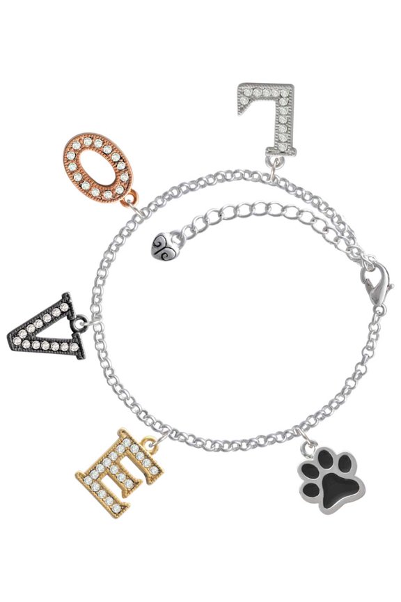 Silvertone Medium Black Paw Multi-Colored Crystal Love Charm Bracelet