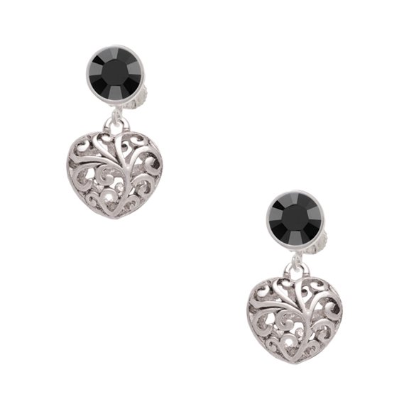Delight Jewelry Silvertone Medium Open Filigree Heart Black Crystal Clip on Earrings