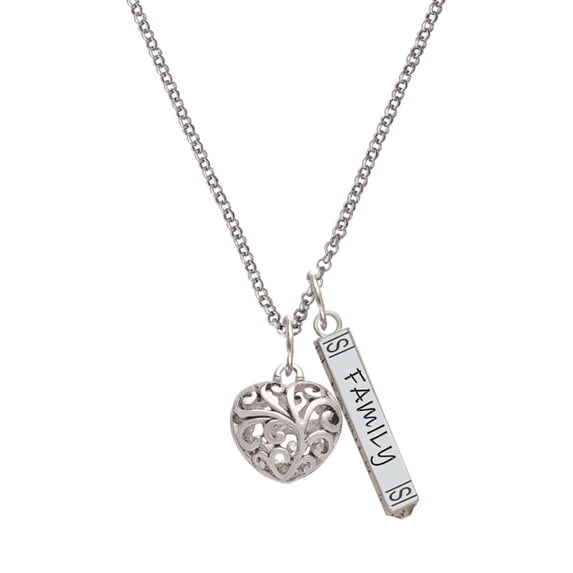 Delight Jewelry Silvertone Medium Open Filigree Heart Silvertone Family Bar Charm Necklace, 23"