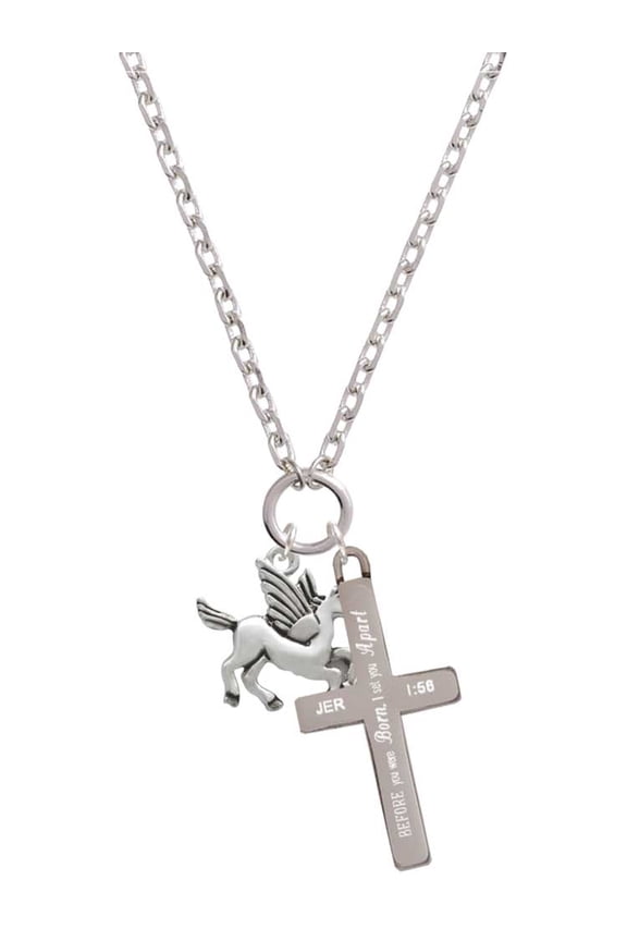 Silvertone Medium Pegasus I Set You Apart Engraved Cross Zoey Necklace, 28"