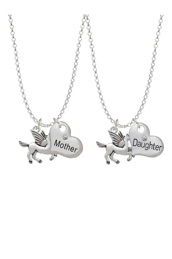 Silvertone Medium Pegasus Mother & Daughter Heart Necklaces (Set of 2), 19"+2"