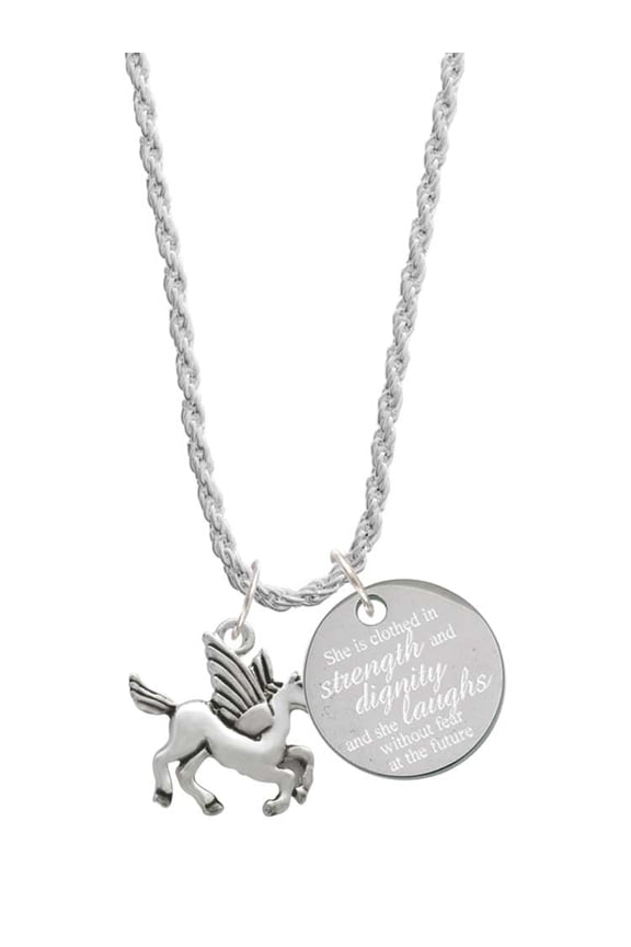 Silvertone Medium Pegasus She is Clothed in Stength and Dignity Charm Necklace, 20"+3"
