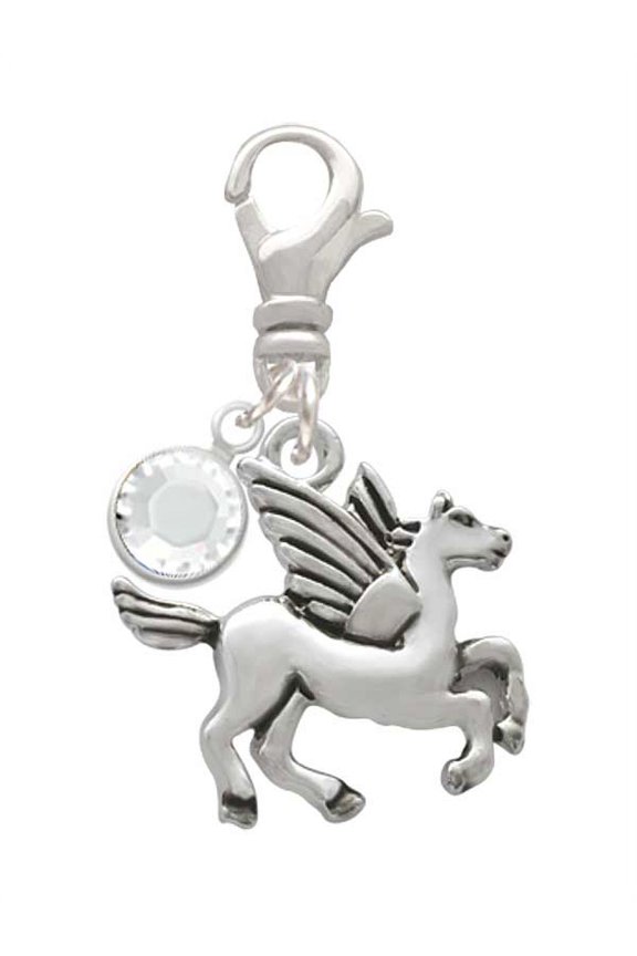Silvertone Medium Pegasus - Silvertone Clip on Charm with Clear Crystal Drop