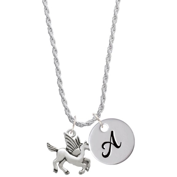 Delight Jewelry Silvertone Medium Pegasus Silvertone Script Initial Disc - A - Charm Necklace, 20"+3"