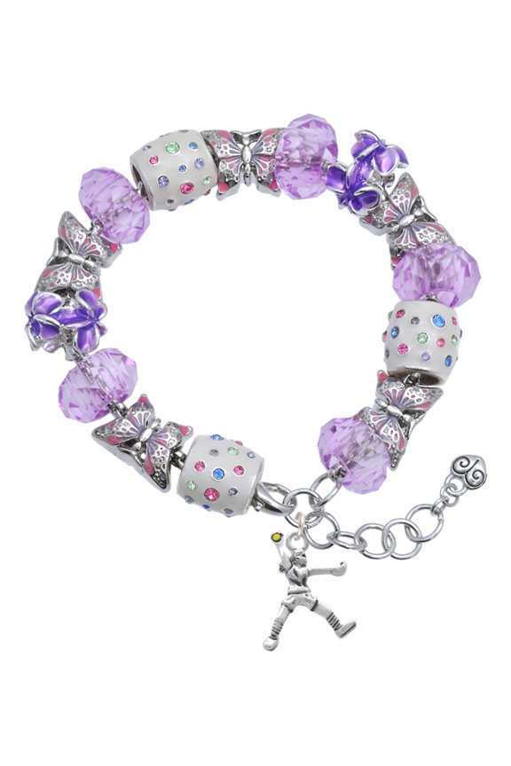 Silvertone Medium Softball Pitcher Purple Butterfly Bead Charm Bracelet, 7"+1" Extender