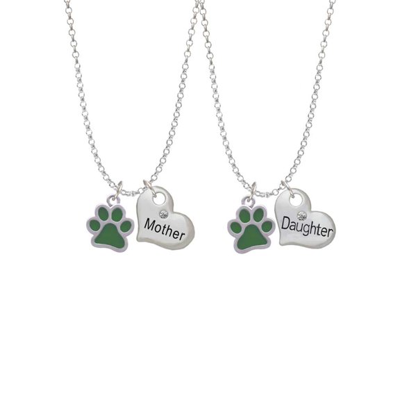 Delight Jewelry Silvertone Medium Translucent Green Paw Mother & Daughter Heart Necklaces (Set of 2), 19"+2"