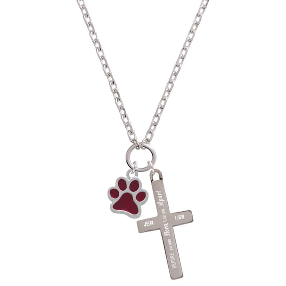 Delight Jewelry Silvertone Medium Translucent Maroon Paw I Set You Apart Engraved Cross Zoey Necklace, 28"