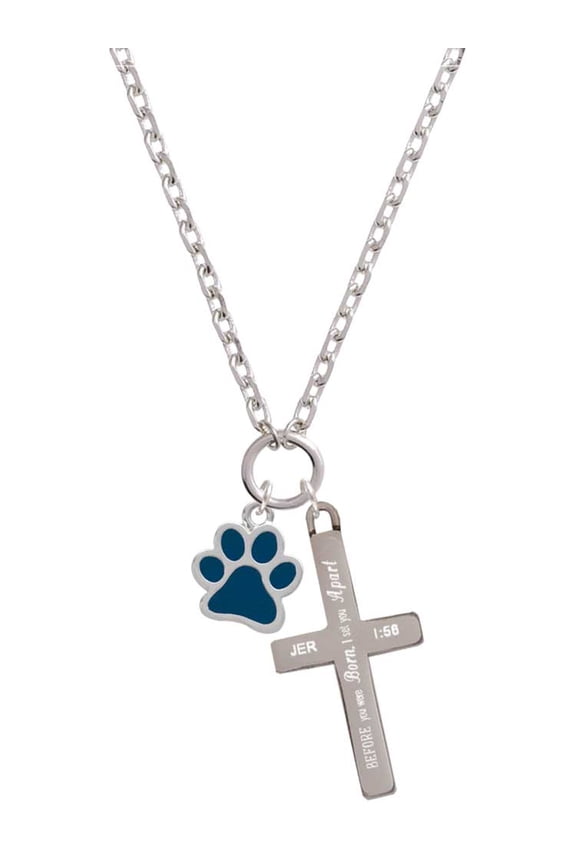 Silvertone Medium Translucent Navy Paw I Set You Apart Engraved Cross Zoey Necklace, 28"
