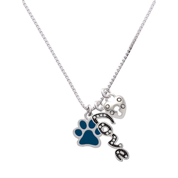 Delight Jewelry Silvertone Medium Translucent Navy Paw - Love and Lock Charm Necklace, 18"+1"