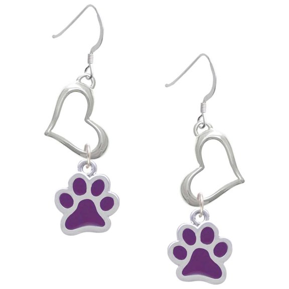 Delight Jewelry Silvertone Medium Translucent Purple Paw Open Heart French Earrings