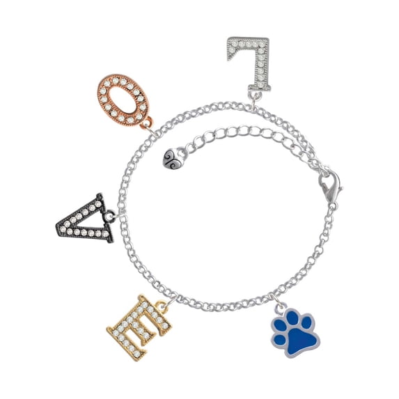 Delight Jewelry Silvertone Medium Translucent Royal Blue Paw Multi-Colored Crystal Love Charm Bracelet