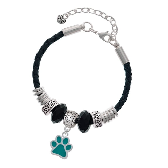 Delight Jewelry Silvertone Medium Translucent Teal Paw Mom Celtic Knot Leather Bead Bracelet, 7"+2" Extender