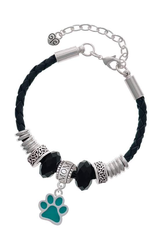 Silvertone Medium Translucent Teal Paw Mom Celtic Knot Leather Bead Bracelet, 7"+2" Extender