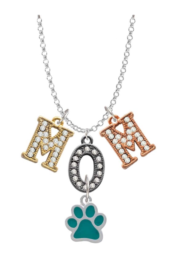 Silvertone Medium Translucent Teal Paw Multi-Colored Crystal Mom Charm Necklace