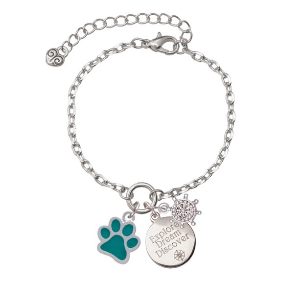 Delight Jewelry Silvertone Medium Translucent Teal Paw Silvertone Discover Dream Explore Zoey Charm Bracelet, 6.5+2" Extender