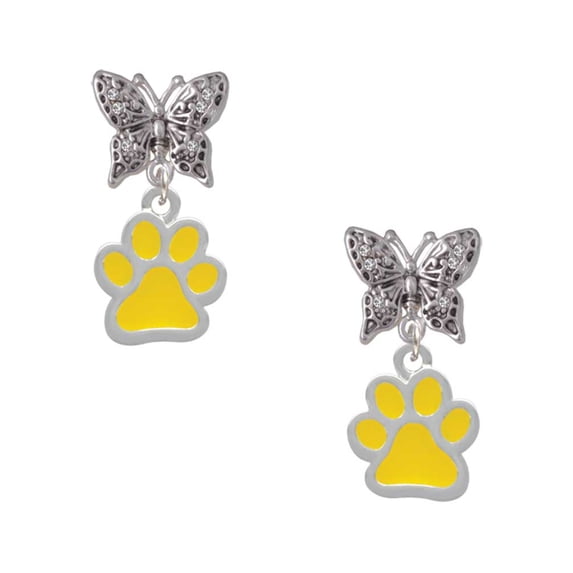 Delight Jewelry Silvertone Medium Translucent Yellow Paw Silvertone Antiqued Butterfly Post Earrings