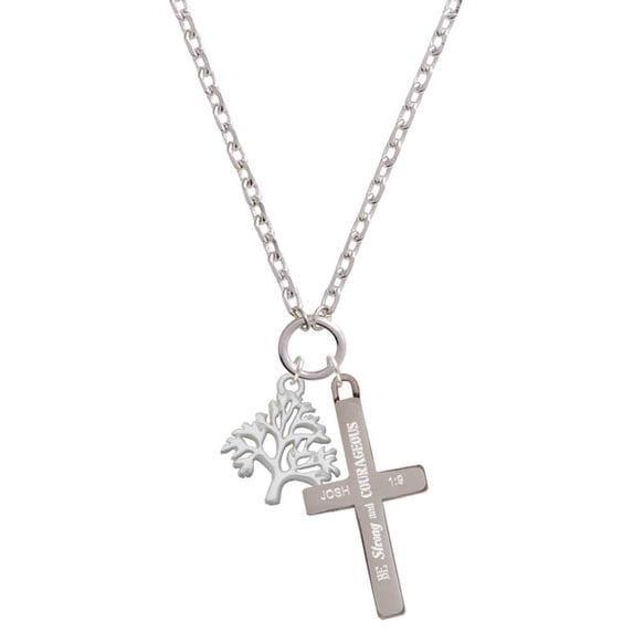Delight Jewelry Silvertone Medium Tree of Life Be Strong and Courageous Engraved Cross Zoey Necklace, 28"