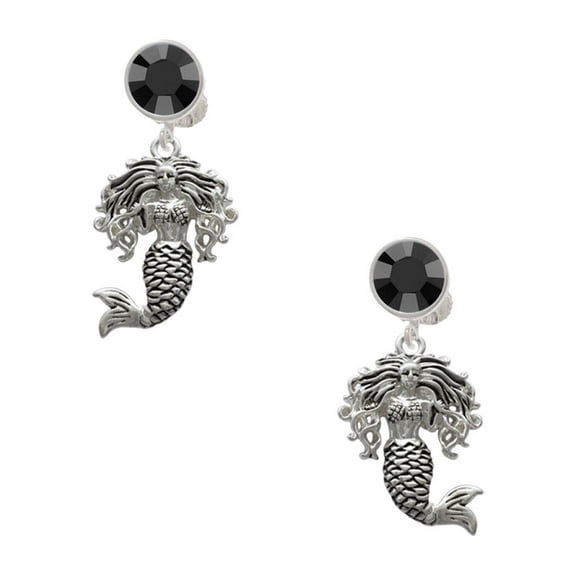Delight Jewelry Silvertone Mermaid Black Crystal Clip on Earrings
