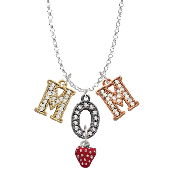 Delight Jewelry Silvertone Mini 2-D Enamel Strawberry Multi-Colored Crystal Mom Charm Necklace
