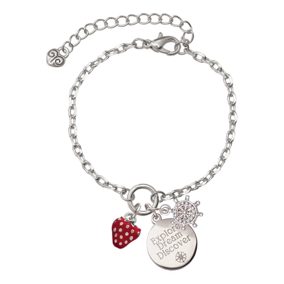 Delight Jewelry Silvertone Mini 2-D Enamel Strawberry Silvertone Discover Dream Explore Zoey Charm Bracelet, 6.5+2" Extender
