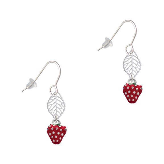 Delight Jewelry Silvertone Mini 2-D Enamel Strawberry Silvertone Leaf French Earrings