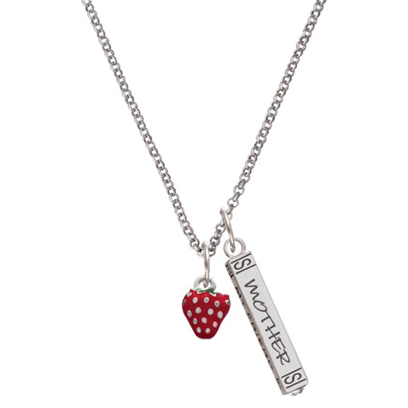 Delight Jewelry Silvertone Mini 2-D Enamel Strawberry Silvertone Mother Daughter Bar Charm Necklace, 23"