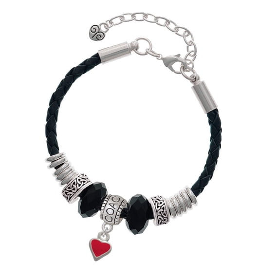 Delight Jewelry Silvertone Mini 2-D Red Heart Coach Celtic Knot Leather Bead Bracelet, 7"+2" Extender