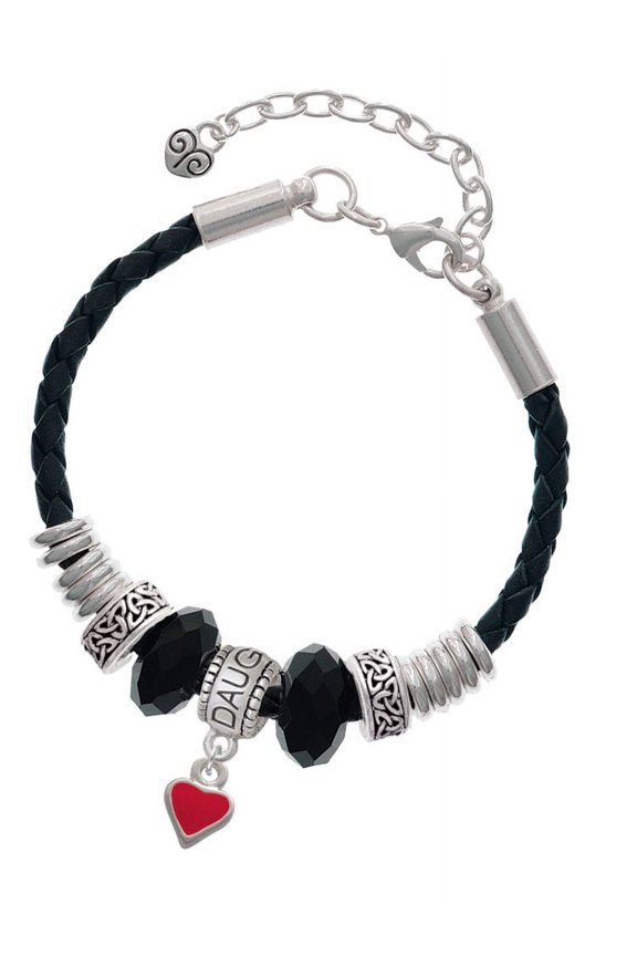 Silvertone Mini 2-D Red Heart Daughter Celtic Knot Leather Bead Bracelet, 7"+2" Extender
