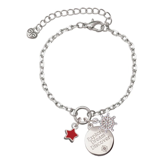 Delight Jewelry Silvertone Mini 2-D Red Star Silvertone Discover Dream Explore Zoey Charm Bracelet, 6.5+2" Extender