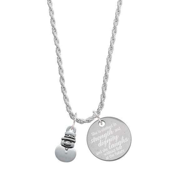 Delight Jewelry Silvertone Mini 2-D Snowman She is Clothed in Stength and Dignity Charm Necklace, 20"+3"