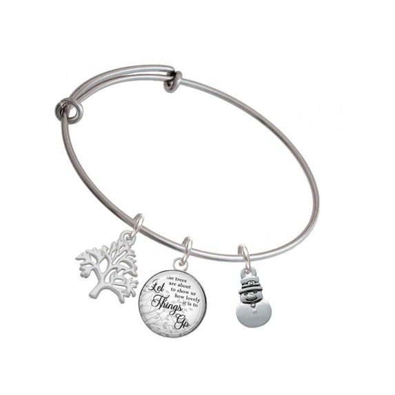 Delight Jewelry Silvertone Mini 2-D Snowman Silvertone Let Things Go Tree Charm Bangle Bracelet