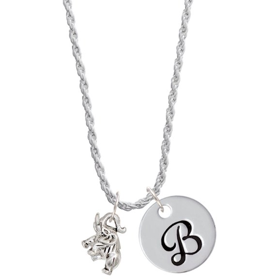 Delight Jewelry Silvertone Mini 3-D Elephant Silvertone Script Initial Disc - B - Charm Necklace, 20"+3"