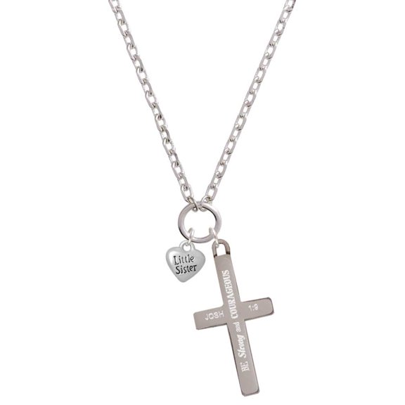 Delight Jewelry Silvertone Mini 3-D ''Little Sister'' Heart Be Strong and Courageous Engraved Cross Zoey Necklace, 28"