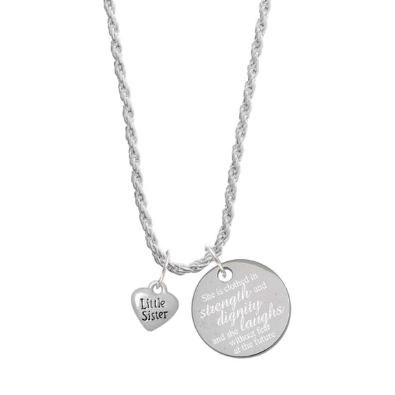 Delight Jewelry Silvertone Mini 3-D ''Little Sister'' Heart She is Clothed in Stength and Dignity Charm Necklace, 20"+3"