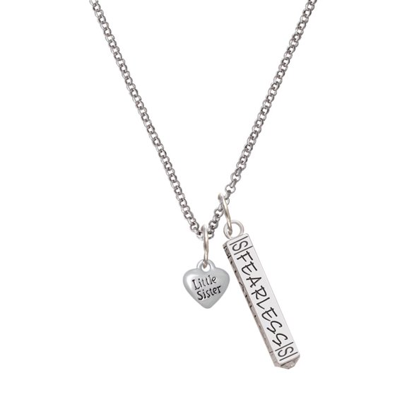 Delight Jewelry Silvertone Mini 3-D ''Little Sister'' Heart Silvertone Fearless Bar Charm Necklace, 23"