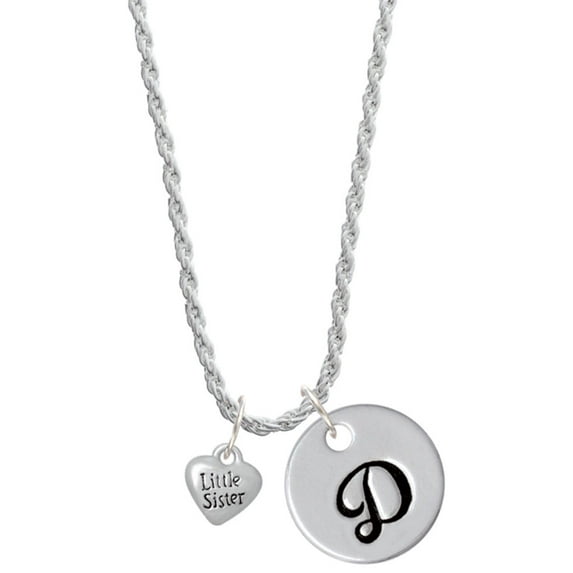 Delight Jewelry Silvertone Mini 3-D ''Little Sister'' Heart Silvertone Script Initial Disc - D - Charm Necklace, 20"+3"