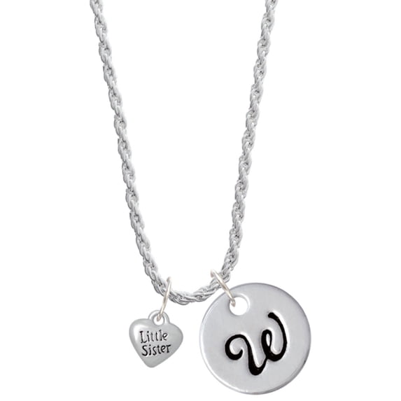 Delight Jewelry Silvertone Mini 3-D ''Little Sister'' Heart Silvertone Script Initial Disc - W - Charm Necklace, 20"+3"