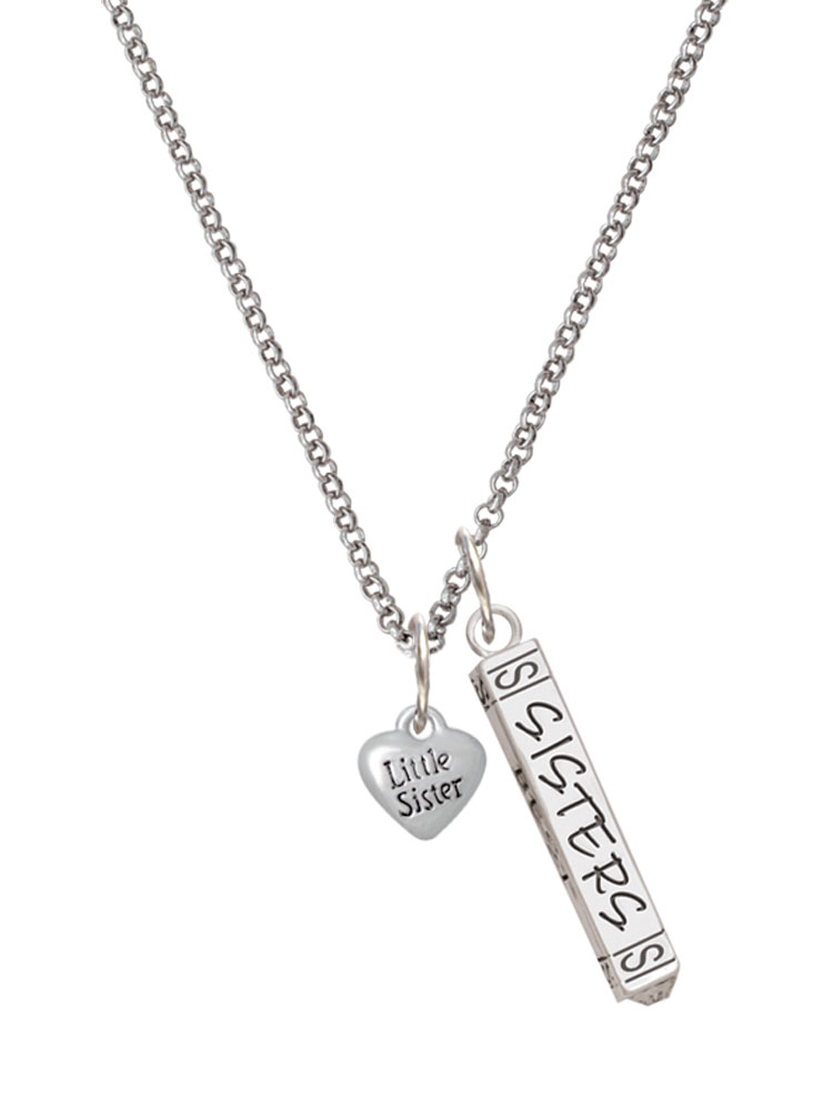 Delight Jewelry Silvertone Mini 3-D ''Little Sister'' Heart Silvertone Sisters Best Friends Forever Bar Charm Necklace, 23"